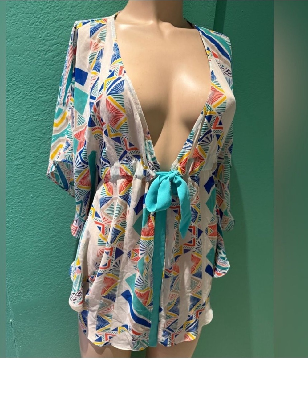 Beach Bunny Multicolor Geometric Sheer Swim Coverup with Teal Tie